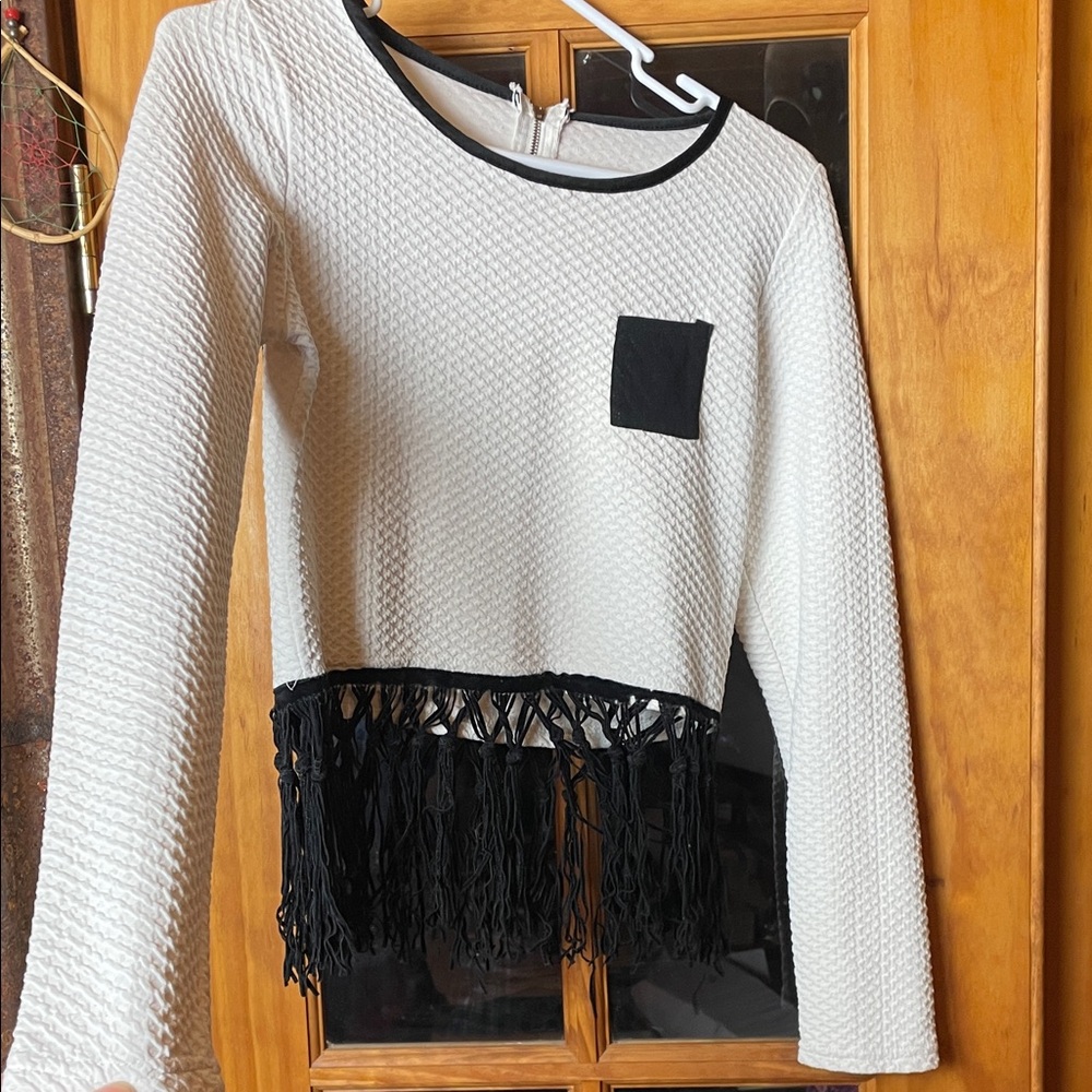 100% Cotton andWhite Textured Top with Black Leather Fringe, Size, XS/S